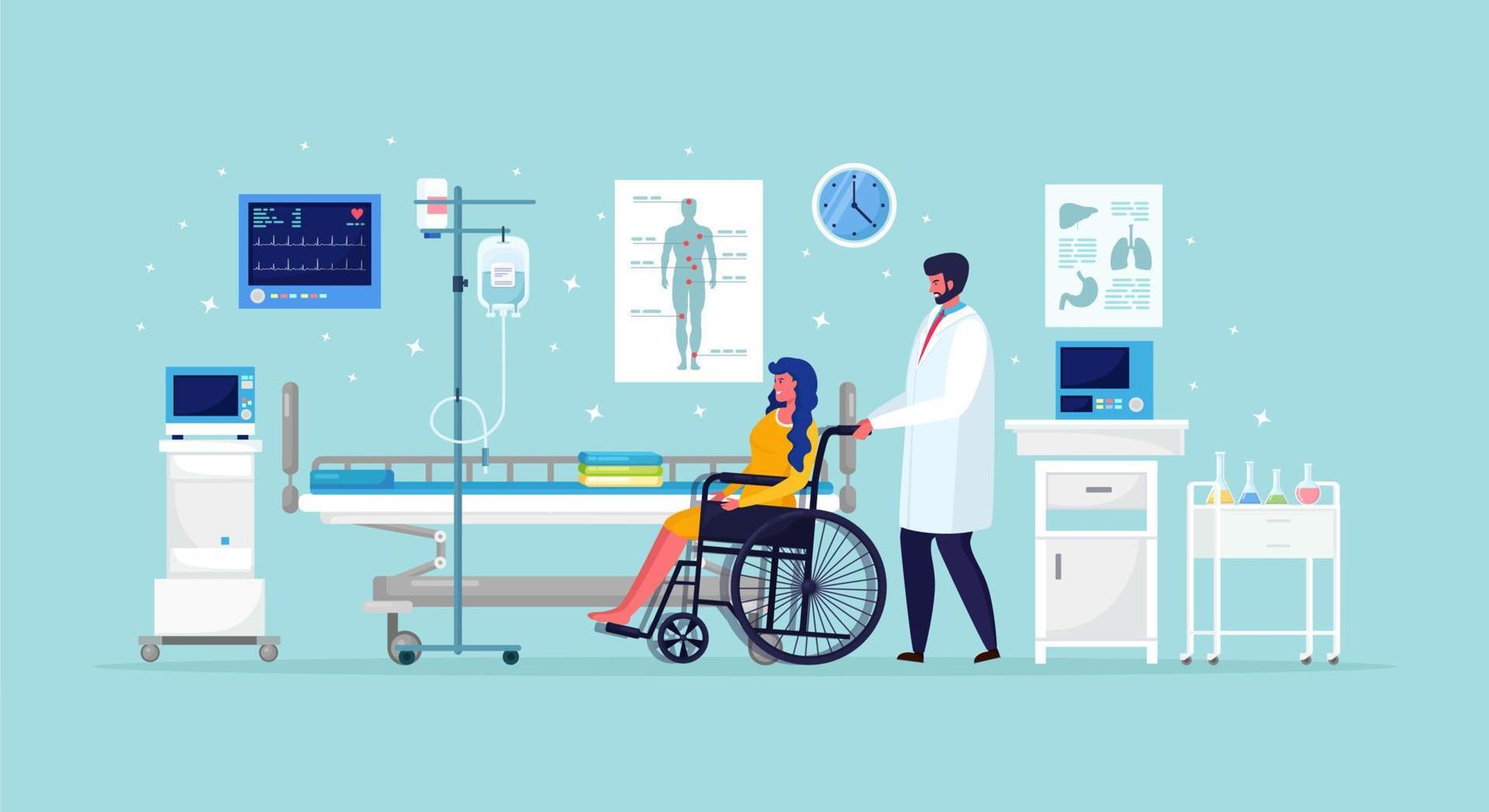 Doctor and disabled patient in medical ward. Woman in wheelchair near hospital bed with dropper intensive therapy. Emergency aid. Vector design