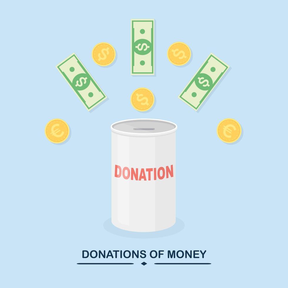 caja de donación, frasco con efectivo en dólares, moneda. donar, dar dinero, caridad, concepto de voluntariado. diseño vectorial vector