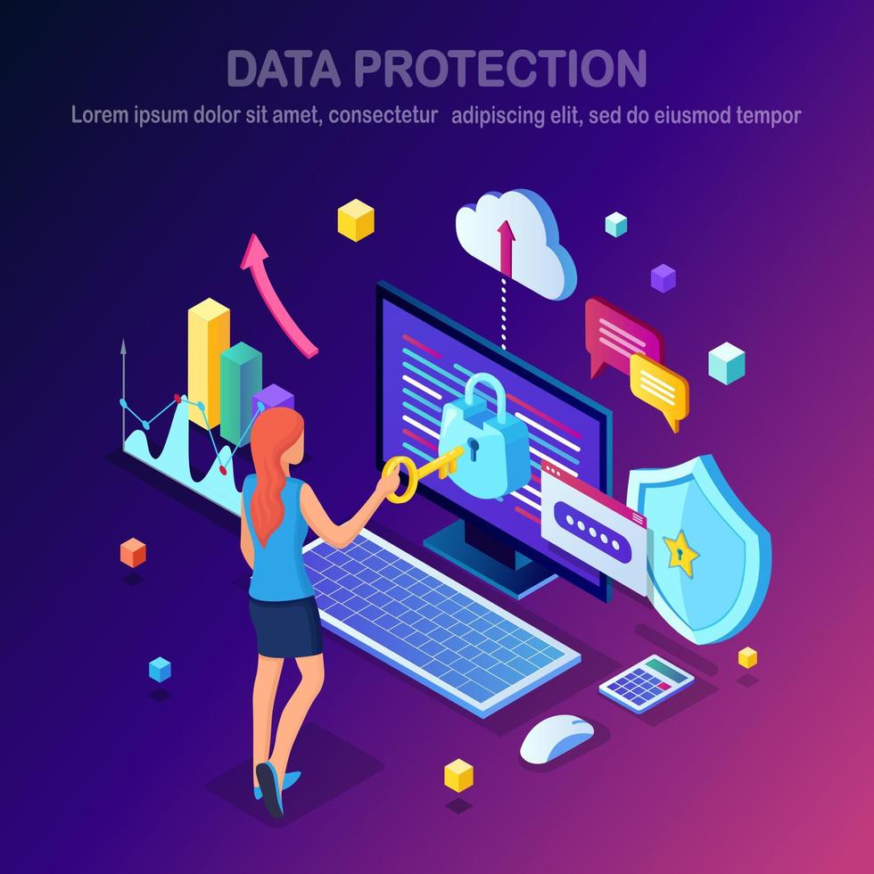 Data protection. Internet security, privacy access with password Isometric woman, computer with lock. Vector design