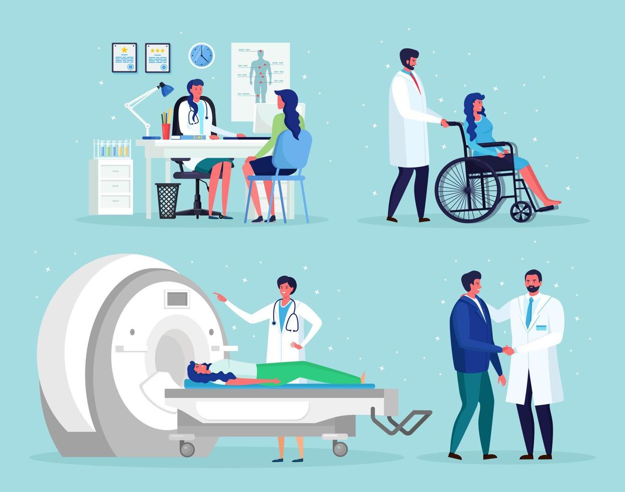 Doctor talks with man. Magnetic Resonance Imaging Technology Tomography, radiology, xray machine for examination for oncology disease MRI. Nurse, wheelchair for disabled senior patient. Vector design