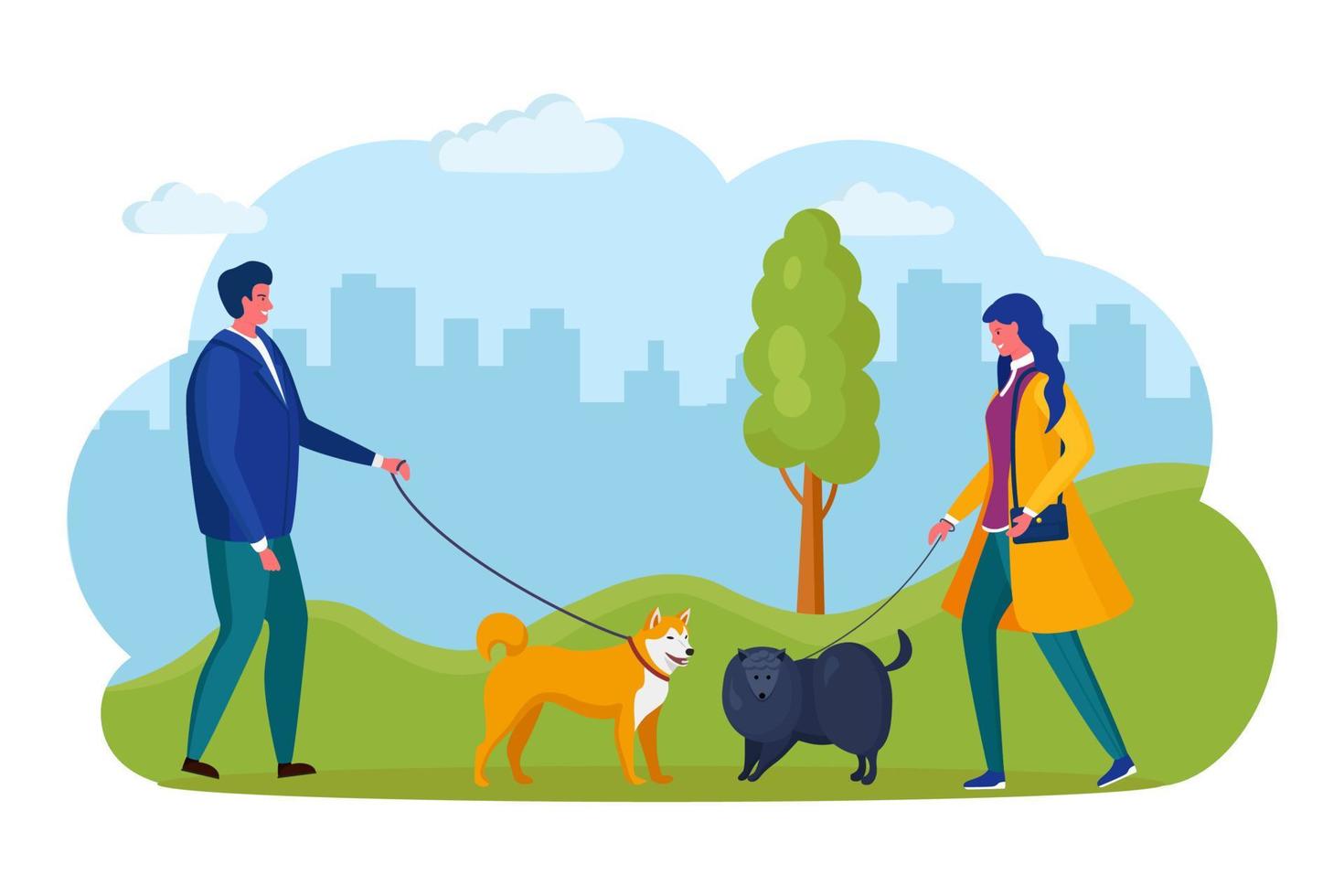 Man and woman are walking with dog. Happy boy, girl play with pet. Puppy on a leash isolated on background. Vector cartoon design