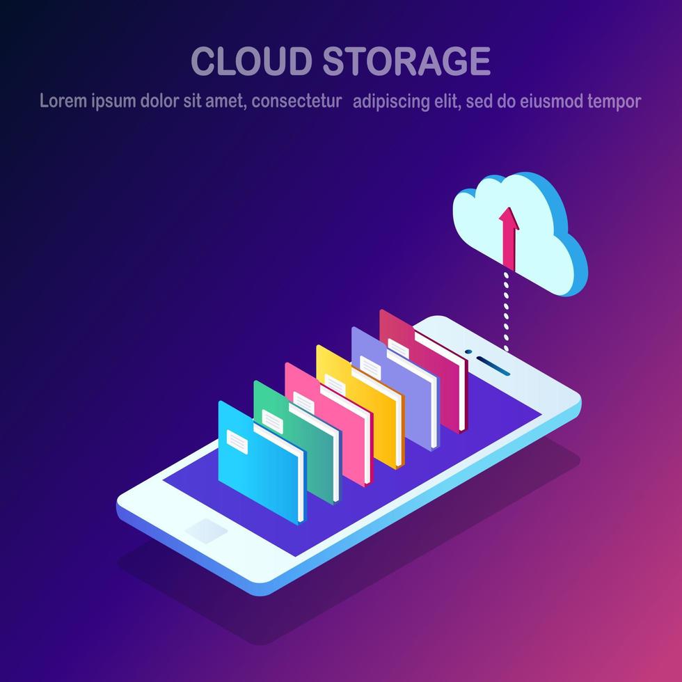 Cloud storage technology. Data backup. Isometric smartphone with folders Hosting service for website. Vector design