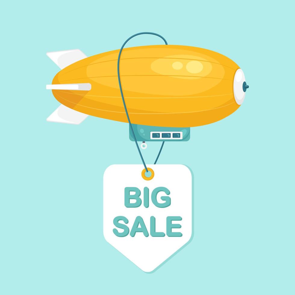 Dirigible flying in blue sky with clouds. Vintage airship, zeppelin with sale tag. Travel by blimp. Vector design