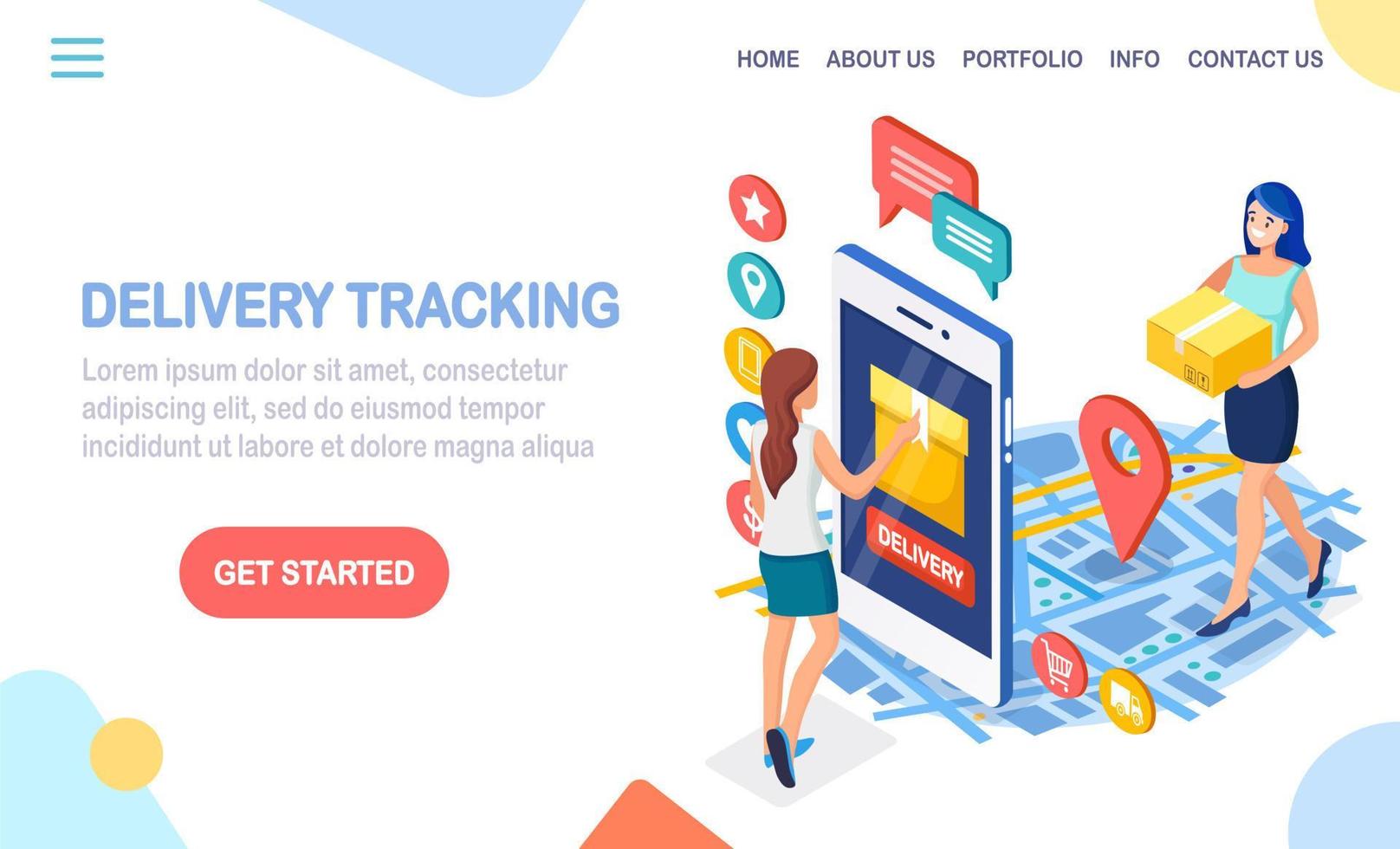 Order tracking. Isometric phone with delivery service app and woman with cardboard box. Vector design