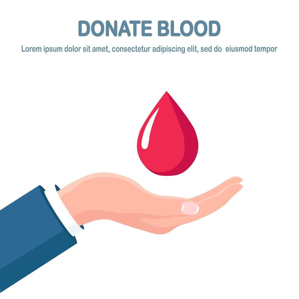 Red blood drop in hand. Donation, transfusion in medicine laboratory concept. Save patient life. Vector design