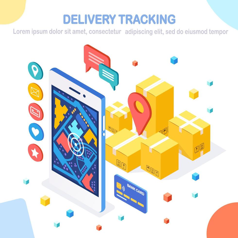 Order tracking. Isometric phone with delivery service app. Shipping of box, cargo transportation. Vector design