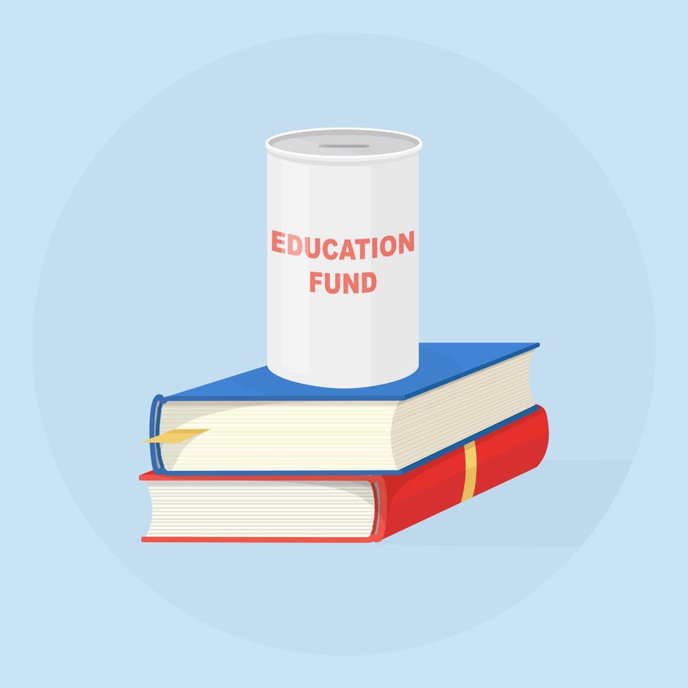 Investing money into education fund. Stack of books with savings box. Vector design