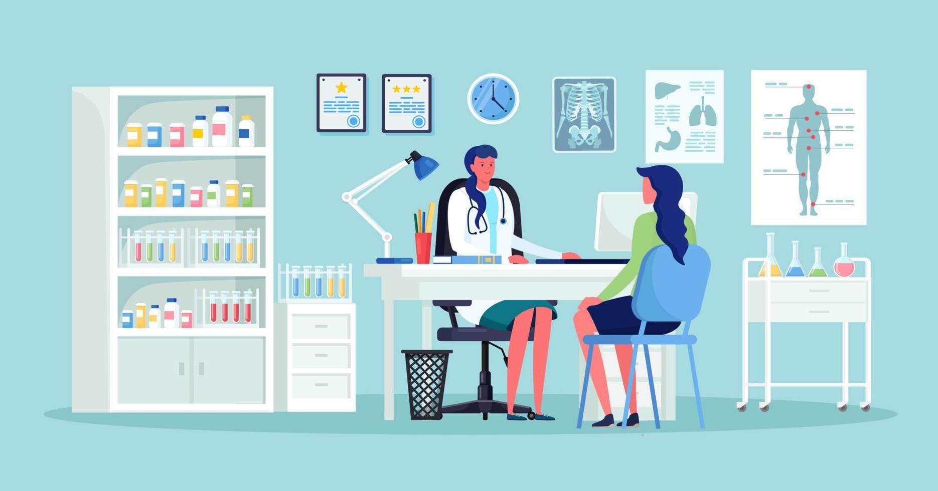 Doctor and patient at desk in hospital office. Clinic visit for exam, meeting with physician, conversation with medic about diagnosis results. Vector design