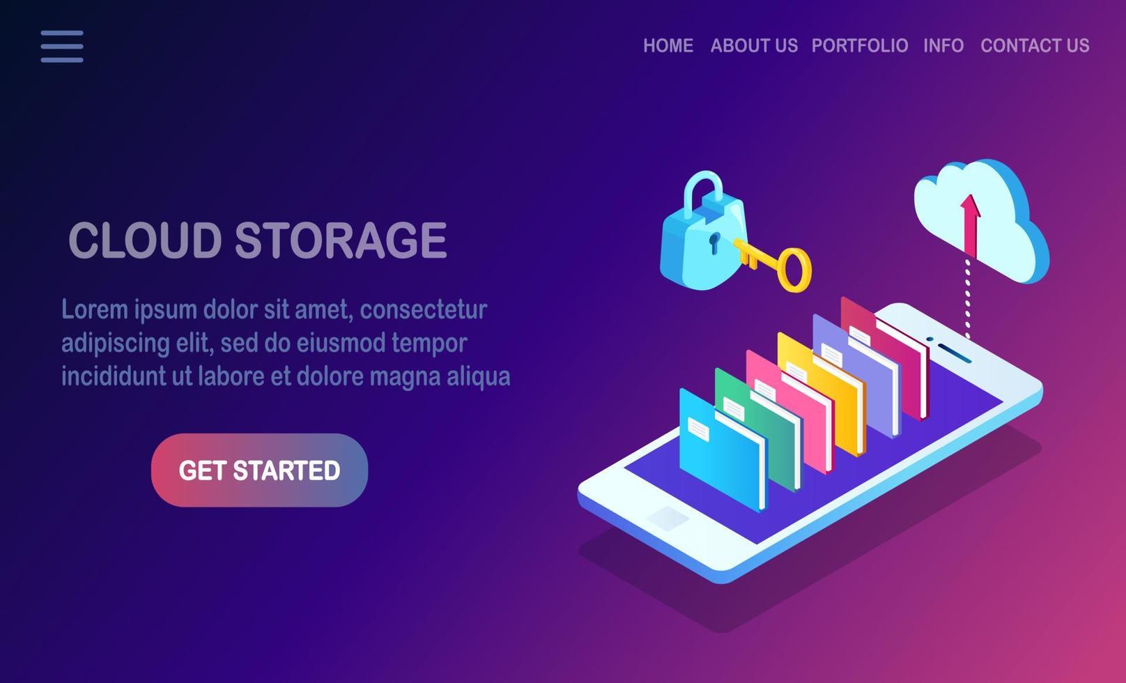 Cloud storage technology. Data backup. Isometric smartphone with folders Hosting service for website. Vector design