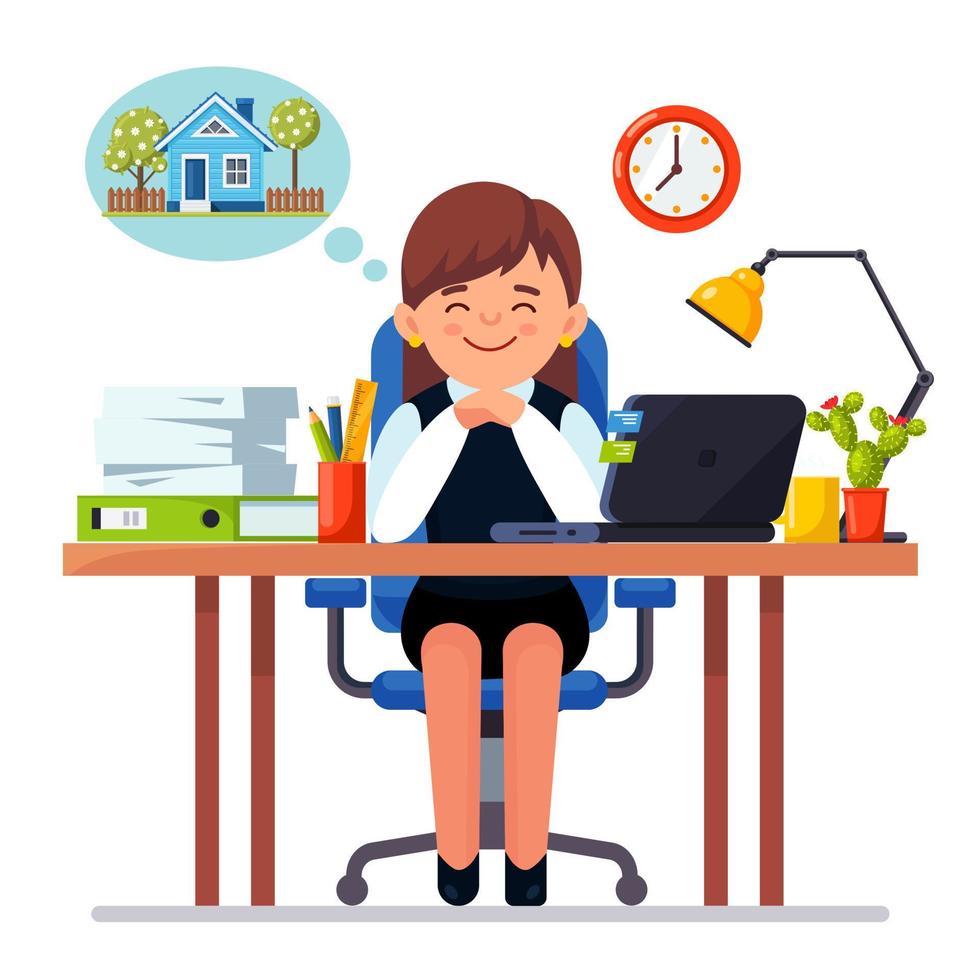 Business woman is relaxing and dreaming about new house, home Workplace with laptop, lamp, documents. Vector design