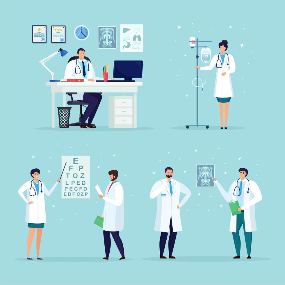 Doctor waiting for the patient at the desk in hospital medical office. Nurse with drop counter, dropper. Ophthalmologist check eye sight, vision. Optical eyes test. Physician looking at xray picture. vector