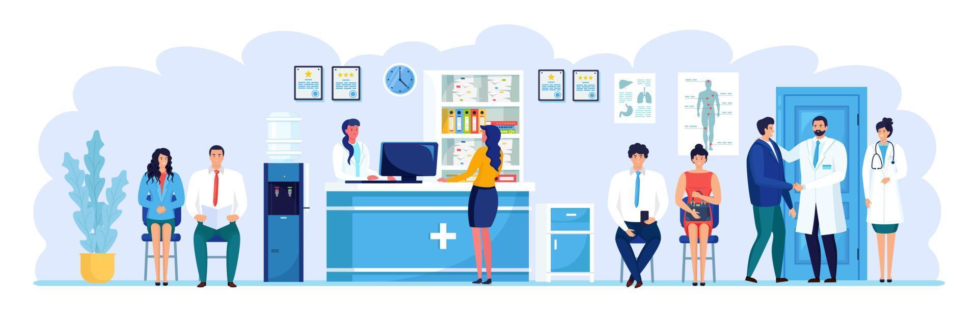 Doctor and patient in hospital reception. Woman and man wait physician in clinic hall. People, medical staff in waiting room of ambulance department. Consultation, diagnosis concept. Vector design