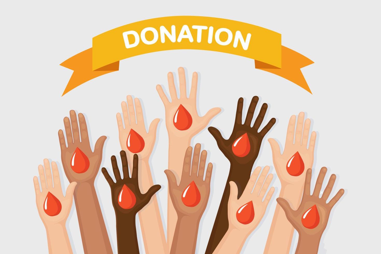 Raised hands with colorful heart. Volunteering, charity, donate blood concept. Thank for care. Vote of crowd. Vector flat design