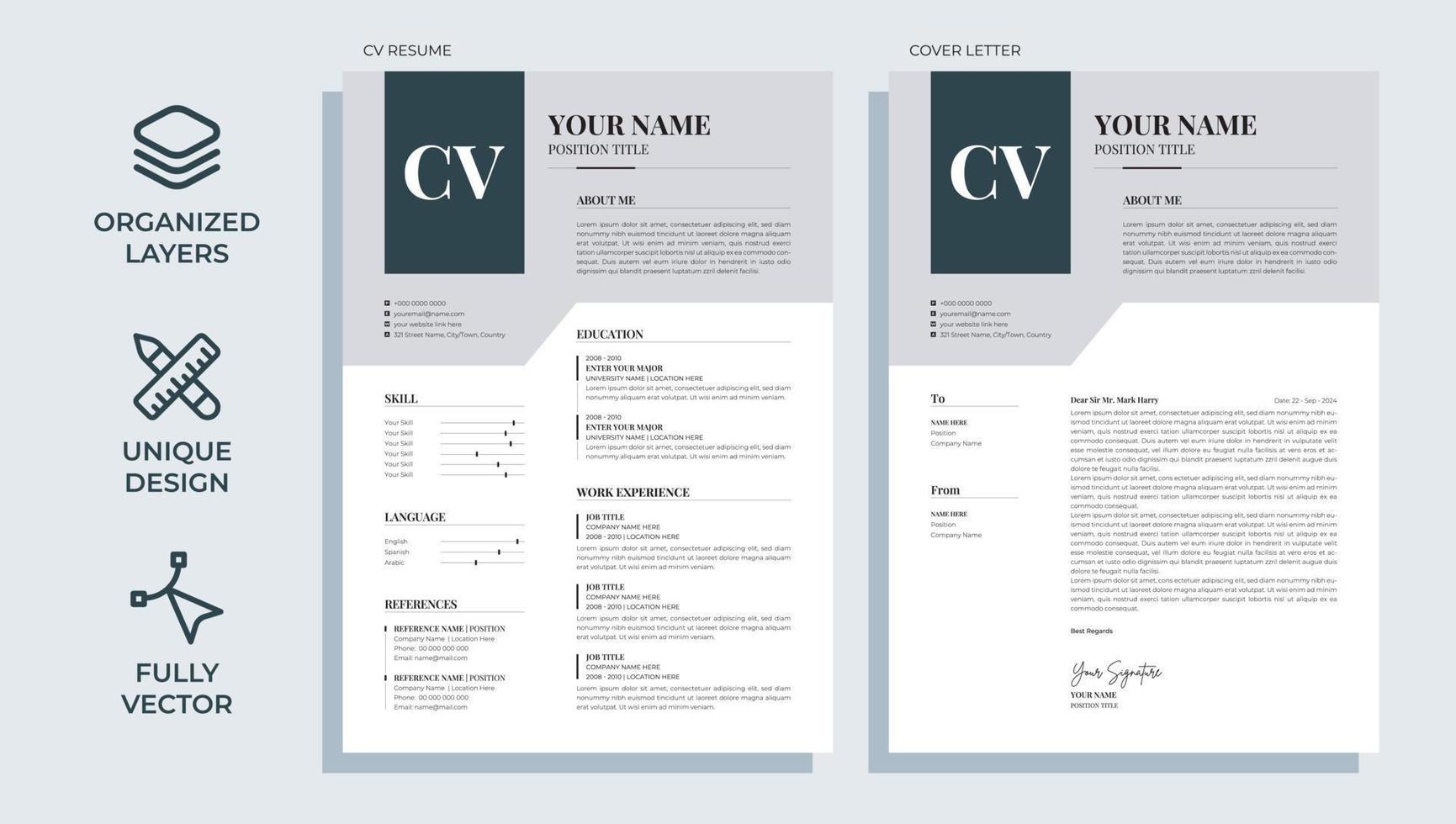 diseño de plantilla de currículum vitae profesional y único con carta de presentación con membrete - vector minimalista - combinación de color negro, blanco y gris