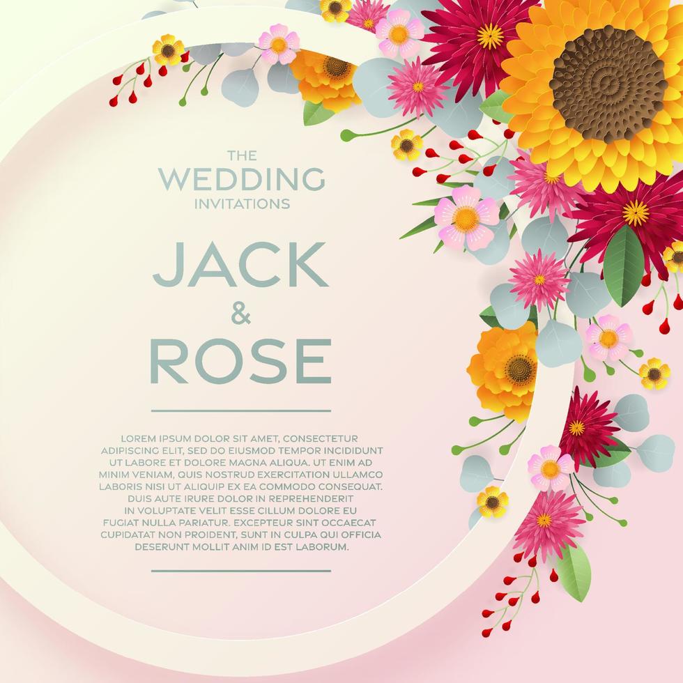 plantilla de tarjeta de invitación de boda con flores cortadas en papel vector