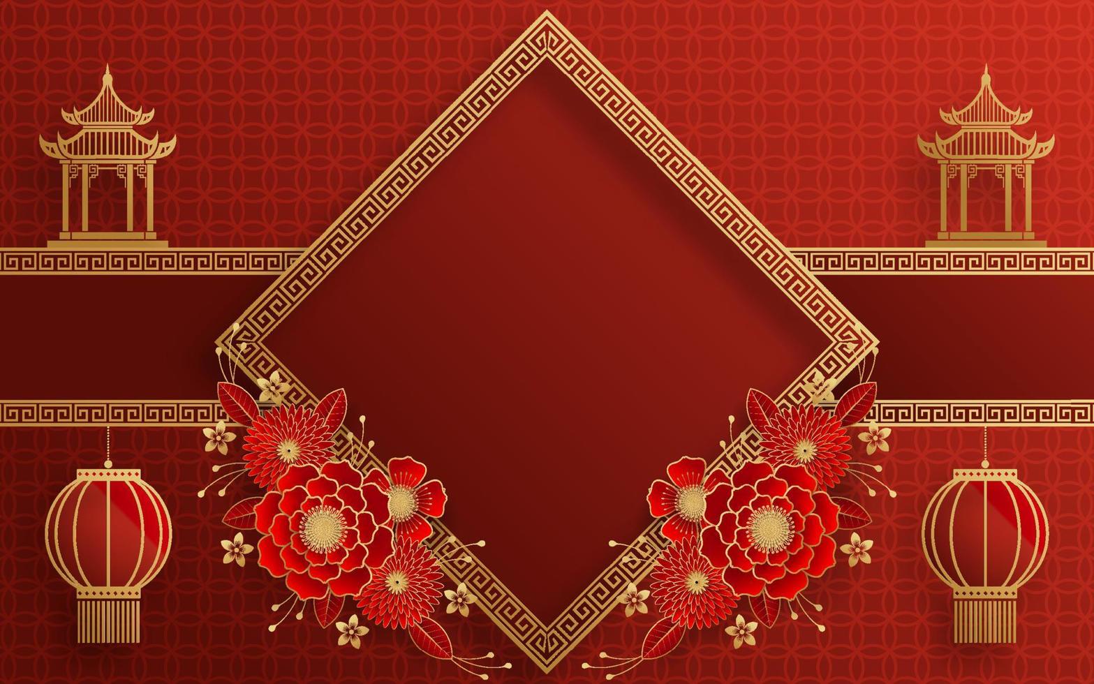 fondo de marco chino color rojo y dorado con elementos asiáticos. vector