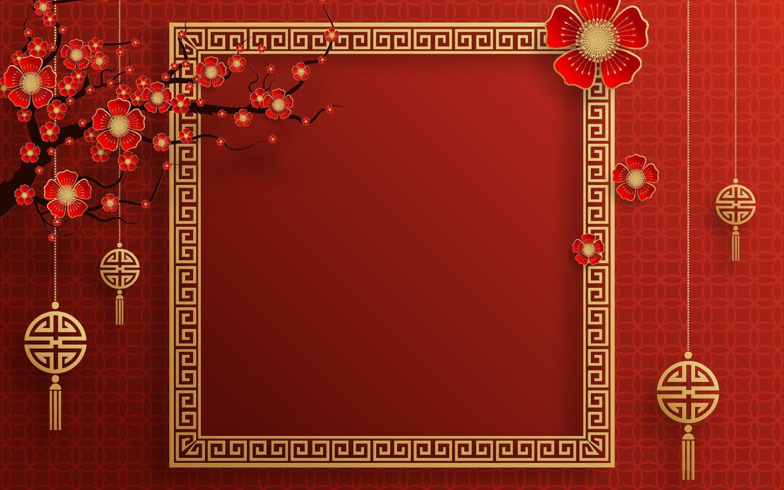 fondo de marco chino color rojo y dorado con elementos asiáticos. vector