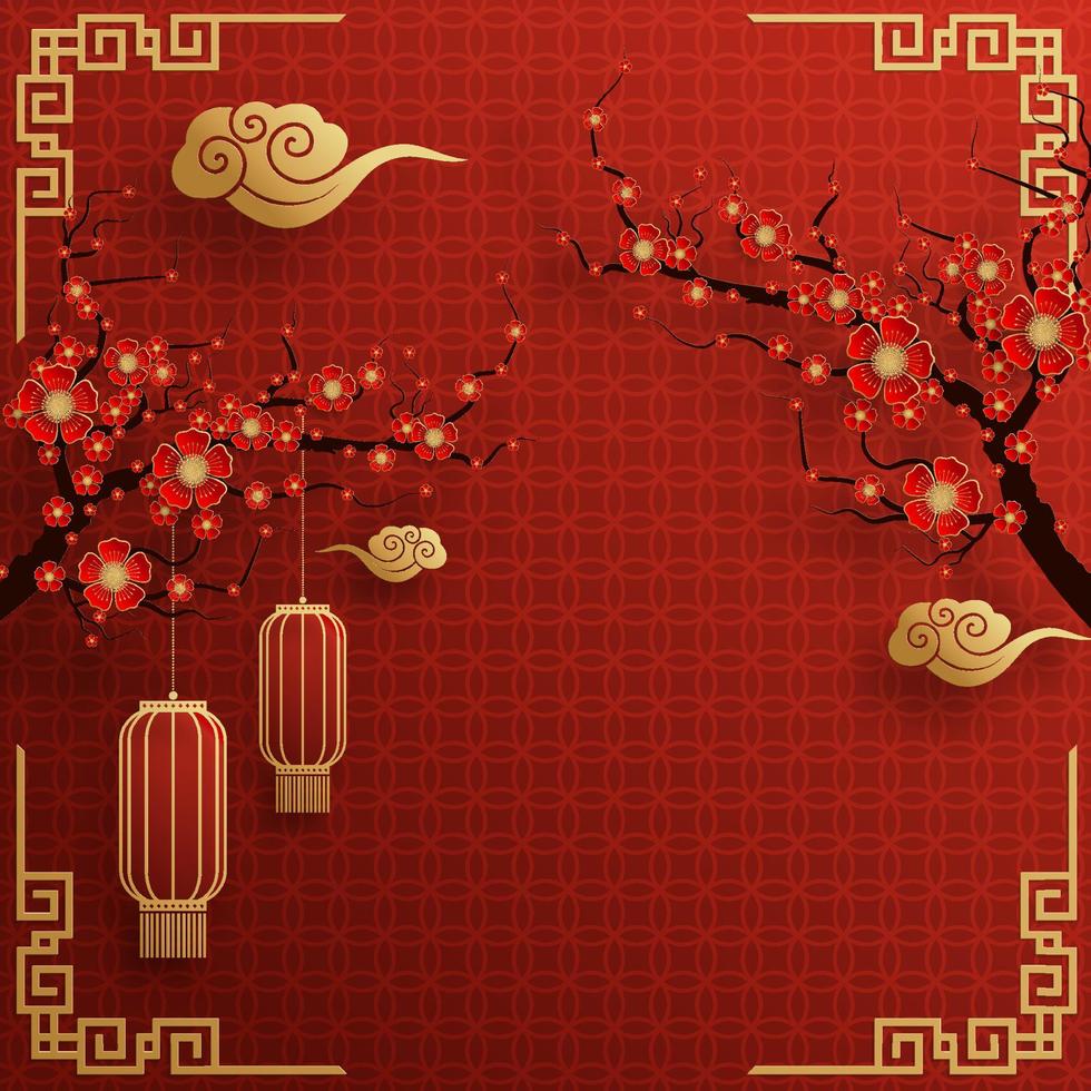 Chinese frame background red and gold color with asian elements. vector