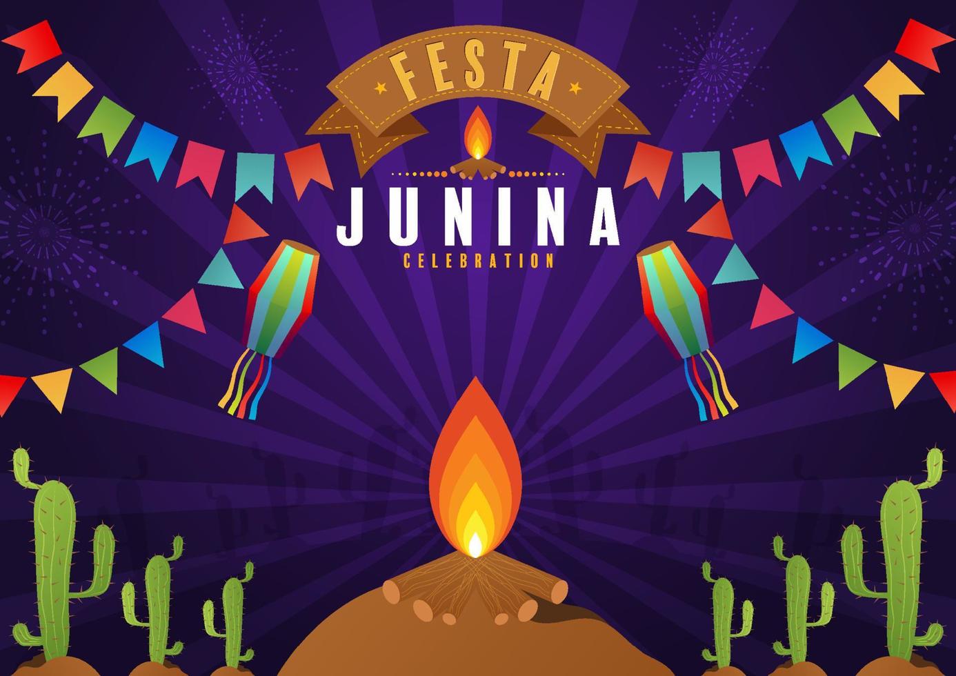 cartel de festa junina festival de junio. folclore vacación guitarra acordeón cactus verano girasol fogata. vector