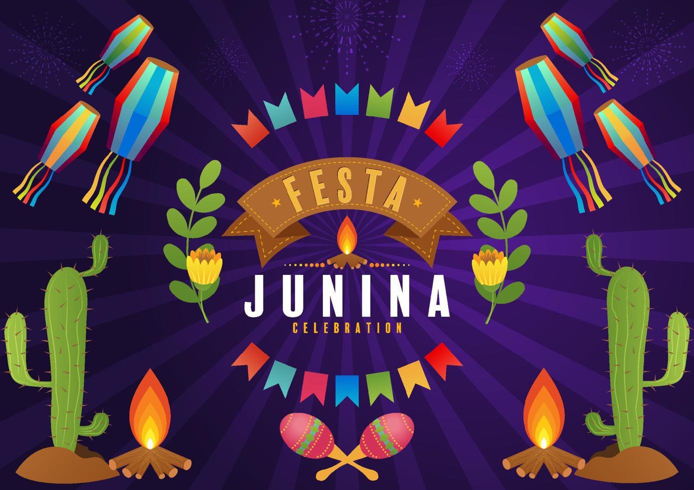 cartel de festa junina festival de junio. folclore vacación guitarra acordeón cactus verano girasol fogata. vector