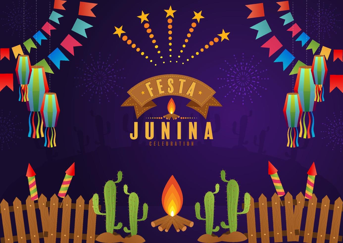 Festa Junina Poster June Festival. Folklore Holiday Guitar Accordion Cactus Summer Sunflower Campfire. vector