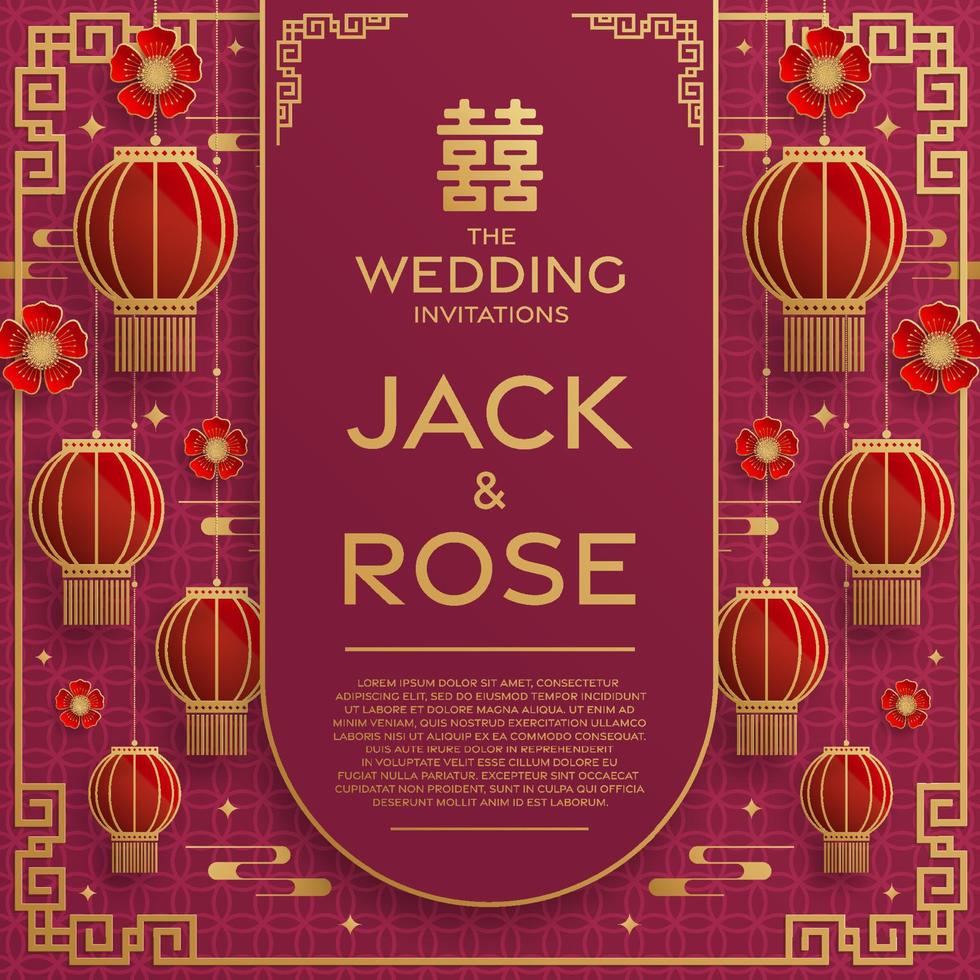 Chinese wedding traditional card with red and gold background vector