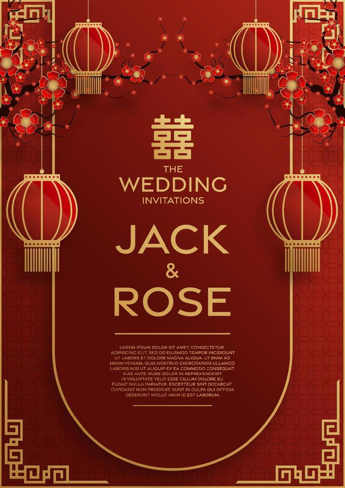 Chinese wedding traditional card with red and gold vector