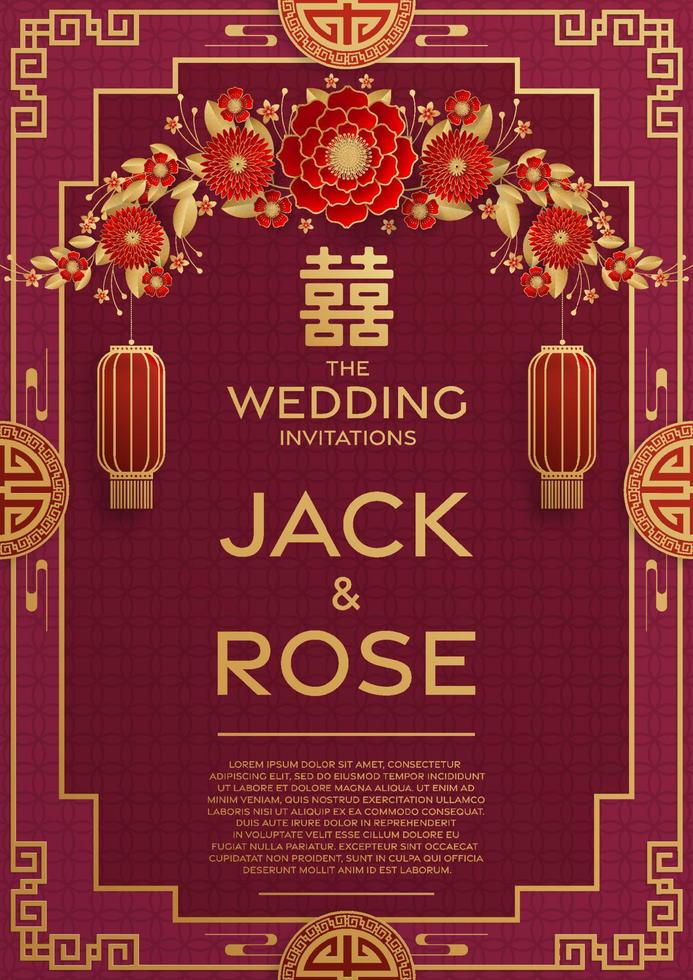 tarjeta tradicional de boda china con fondo rojo y dorado vector