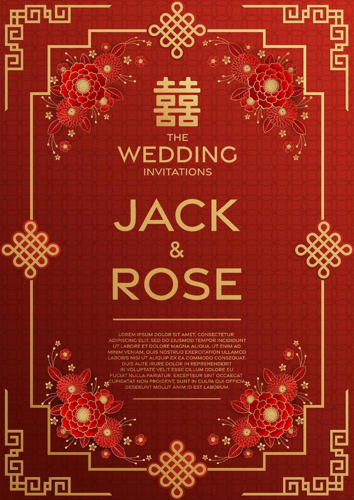 Chinese wedding traditional card with red and gold background vector