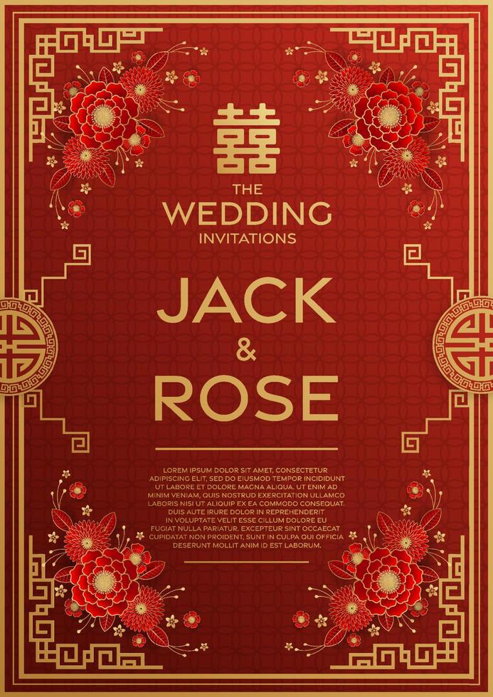 Chinese wedding traditional card with red and gold background vector