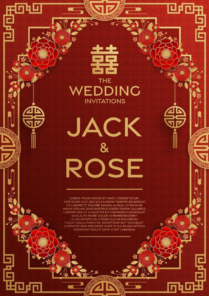 tarjeta tradicional de boda china con rojo y oro vector