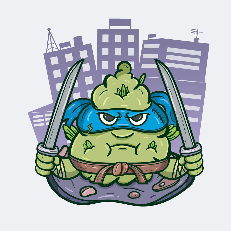 Cartoon Mascot Of  Weed Bud With Two Swords. Vector And Illustration