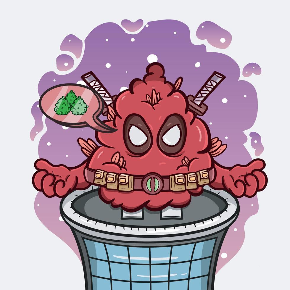 Cartoon Mascot Of  Weed Bud With Red Superhero Style. Vector And Illustration