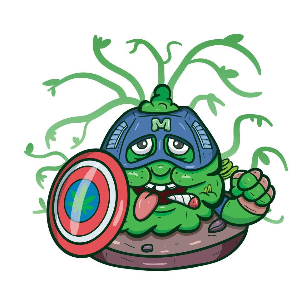 Cartoon Mascot Of Green Weed Bud With Shield. Vector And Illustration