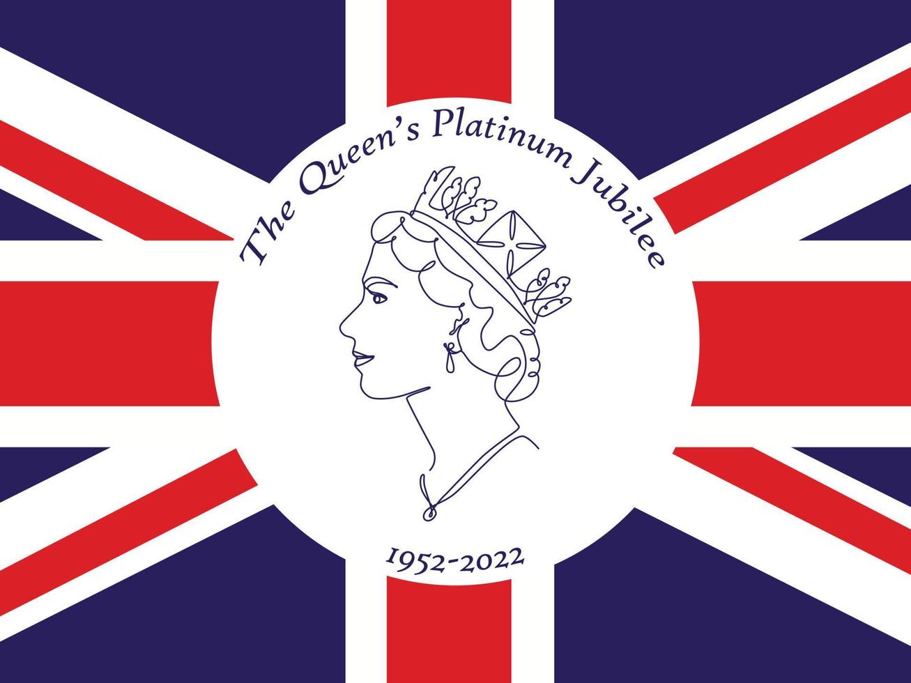 el fondo de la celebración del jubileo de platino de la reina con el perfil lateral de la reina elizabeth en la corona y la union jack en el fondo. arte de línea continua o dibujo de una línea. vector