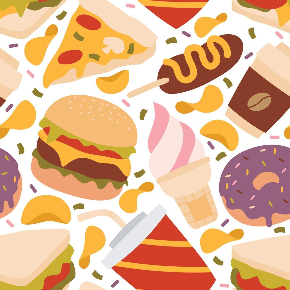 Flat Junk Food Seamless Pattern Background vector