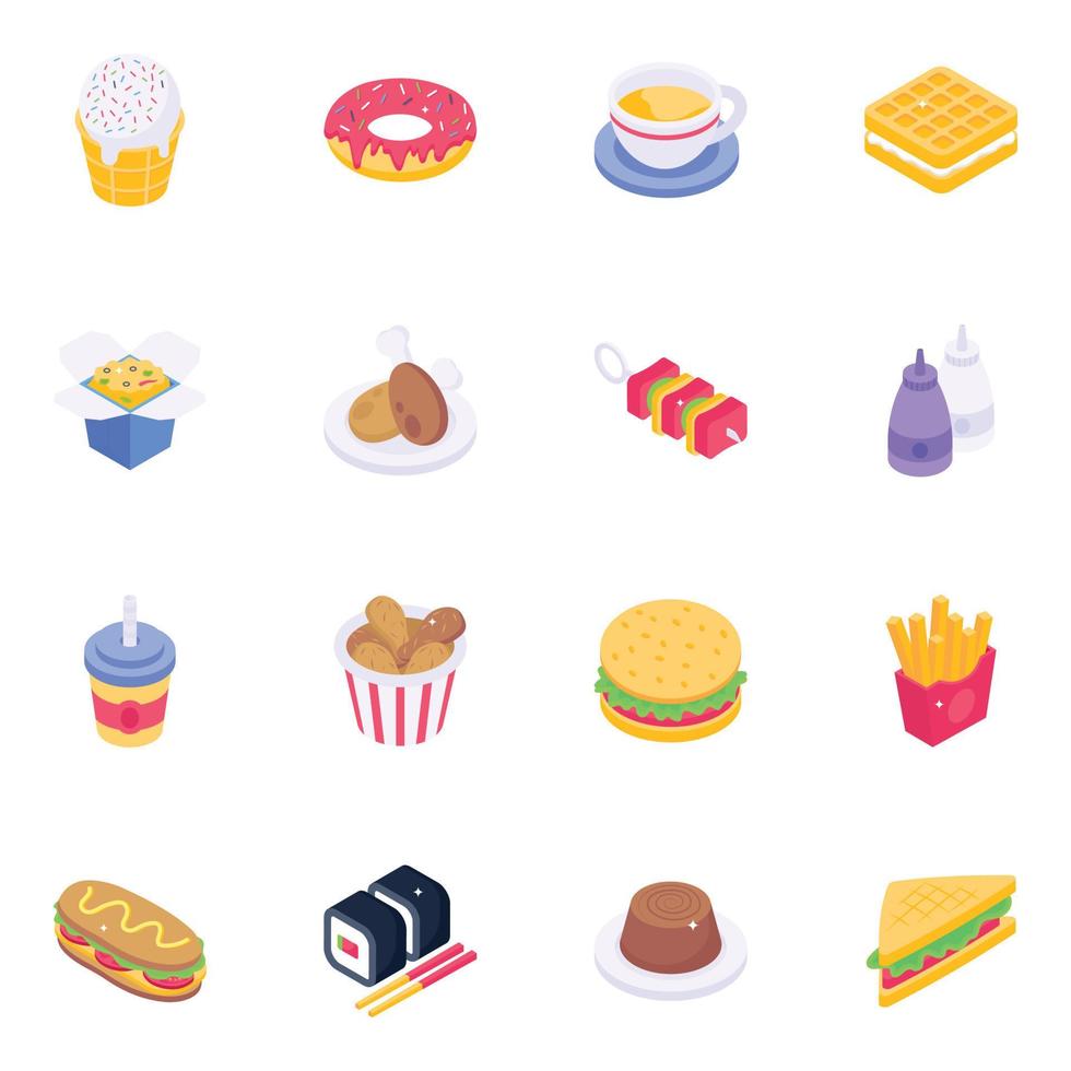 Junk Food and Desserts Isometric Icons vector