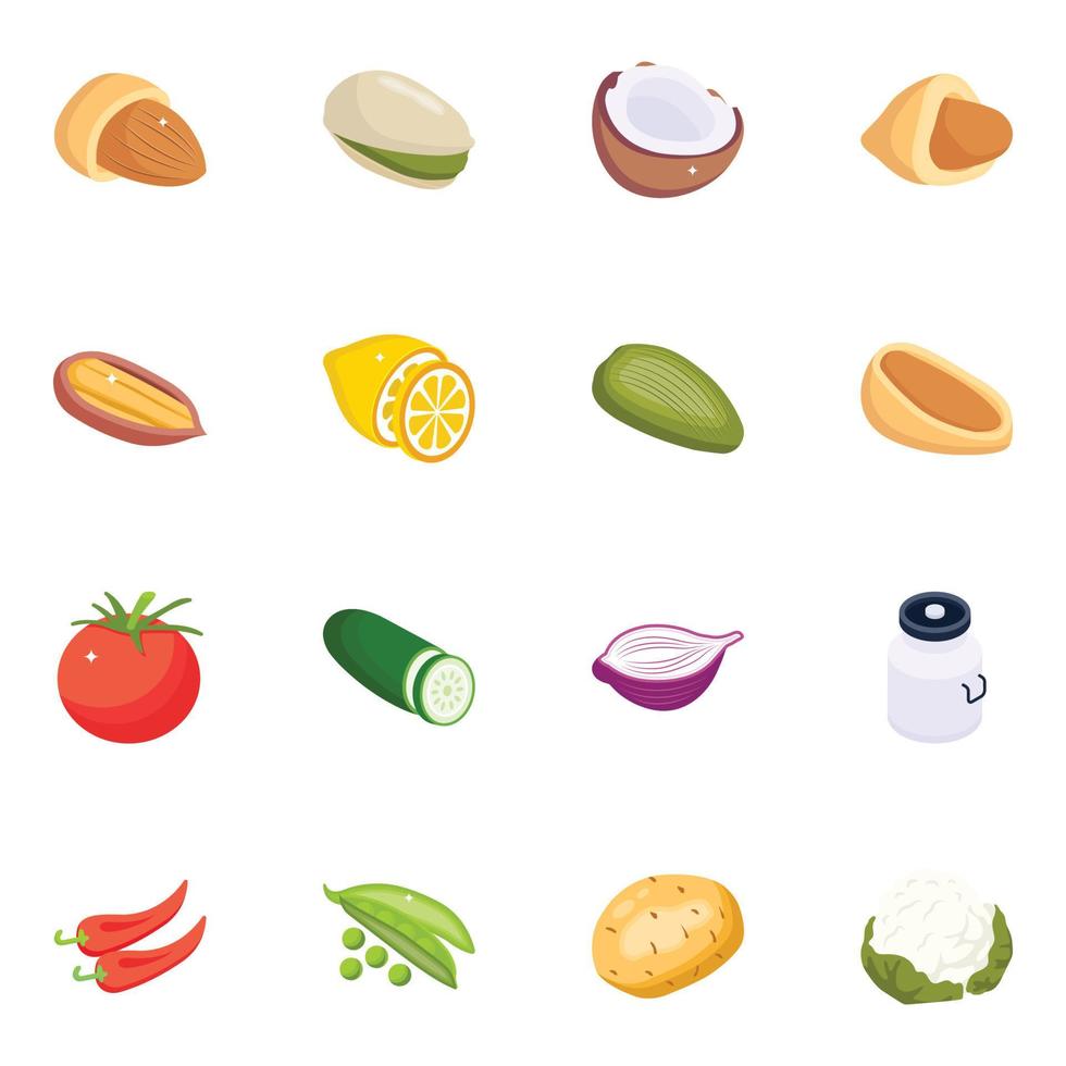 Nuts and Vegetables Isometric Icons vector