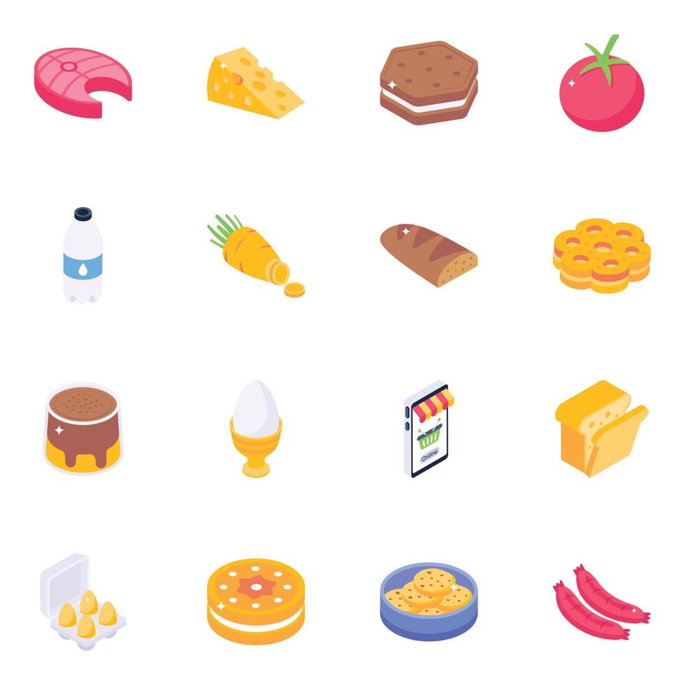 Pack of Food Products Isometric Icons vector