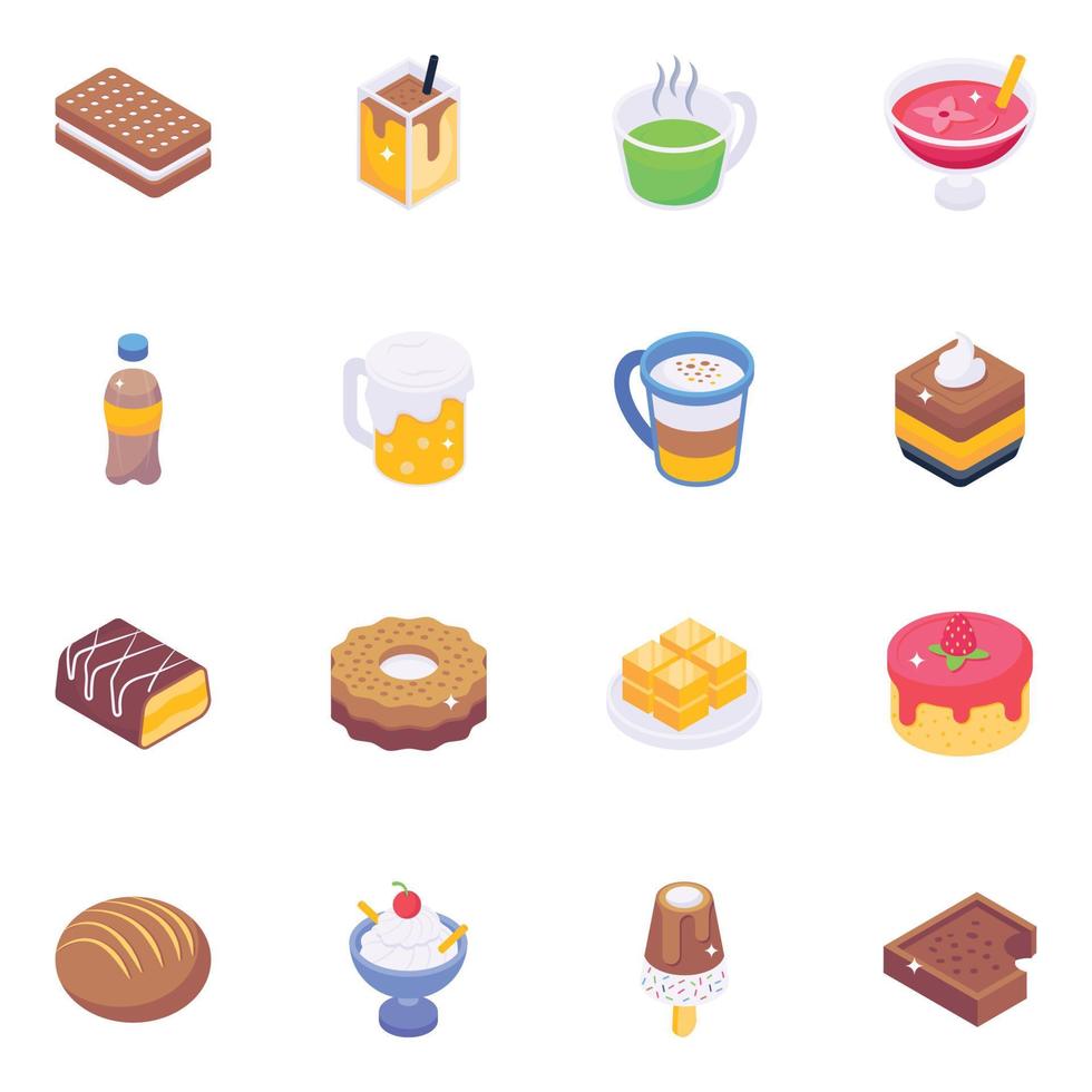 postres y bebidas iconos isométricos vector