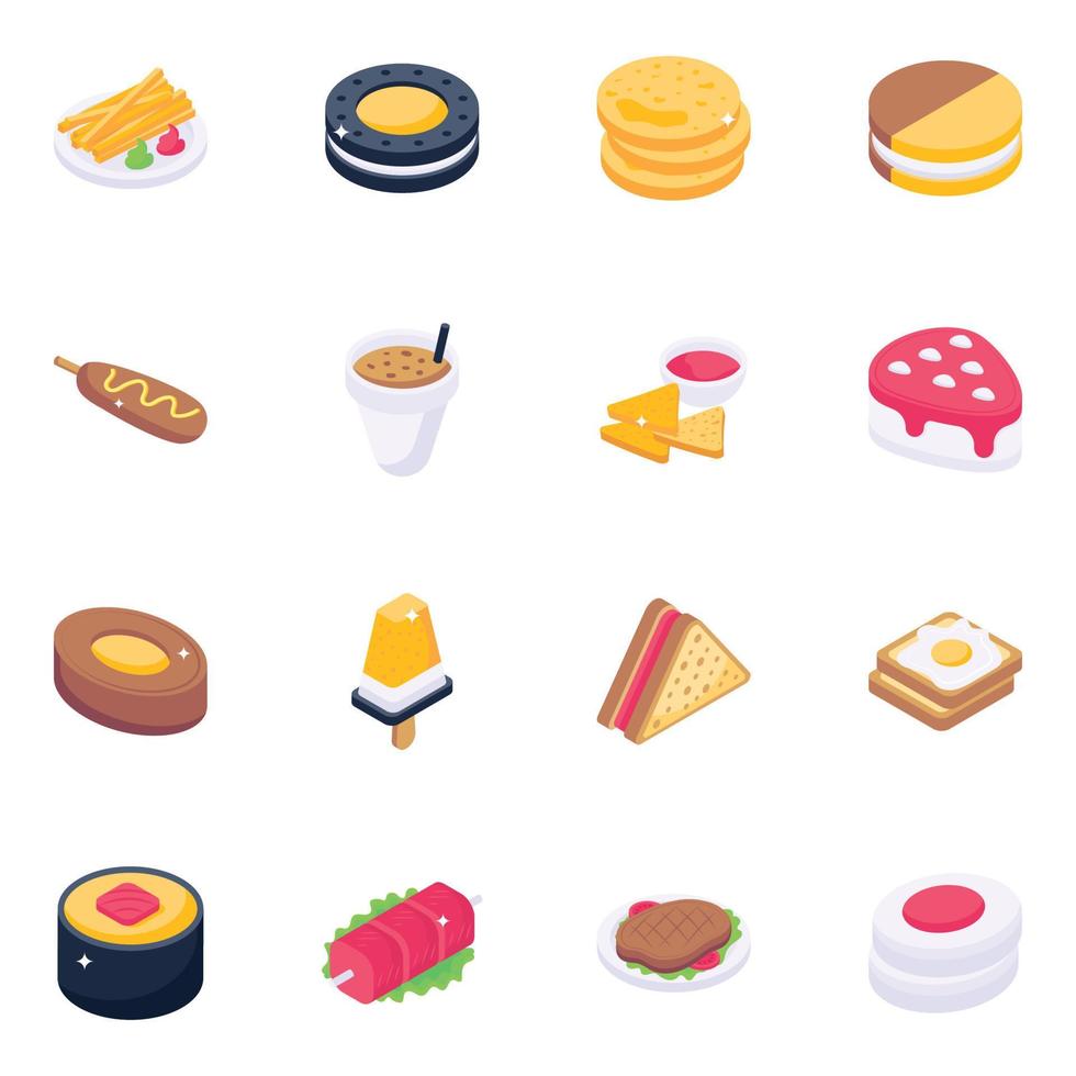 paquete de deliciosos iconos isométricos de comida vector