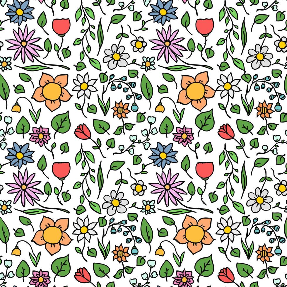patrón de vector floral transparente de color. garabato, vector, con, patrón floral, blanco, fondo. estampado de flores de la vendimia