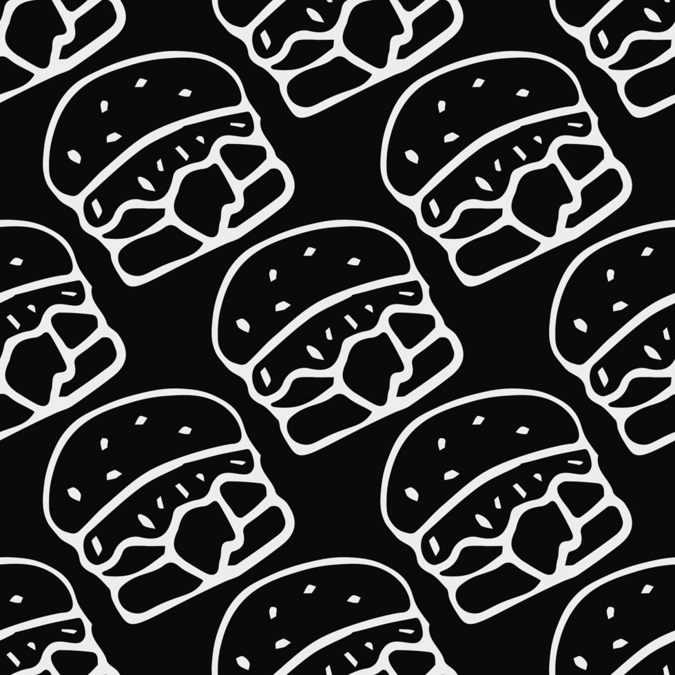 Seamless pattern with burger icons. Black and white hamburger background. Doodle vector burger illustration