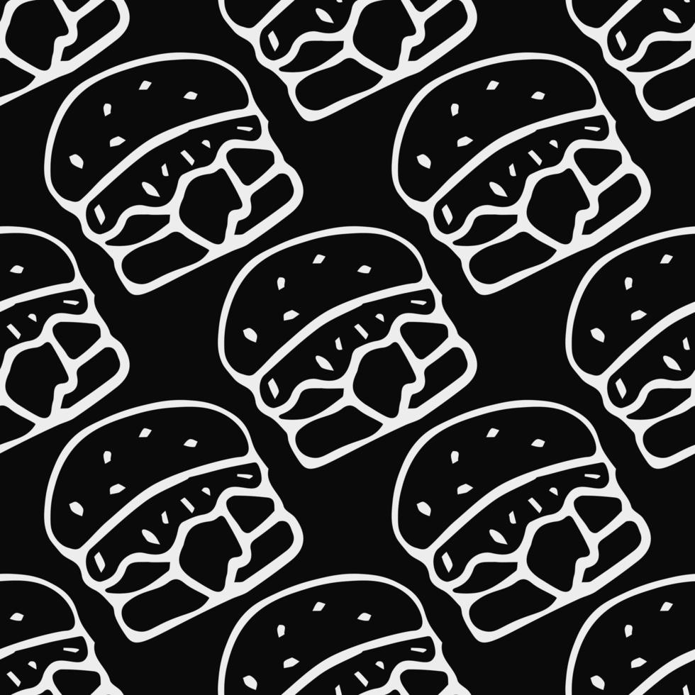 Seamless pattern with burger icons. Black and white hamburger background. Doodle vector burger illustration