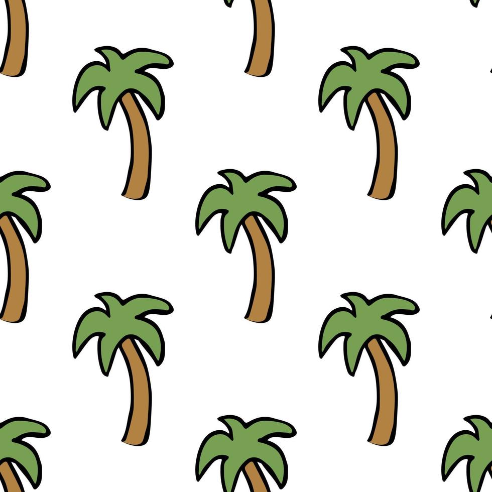 Seamless palm pattern. Colored palm background. Doodle tropic pattern with green palms. Vintage palms pattern vector