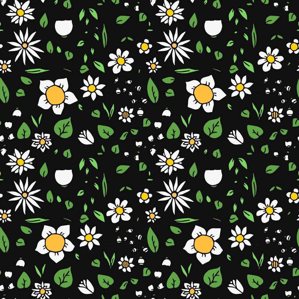 Colored seamless floral vector pattern. Doodle floral pattern on black background. Vintage floral illustration with white flowers