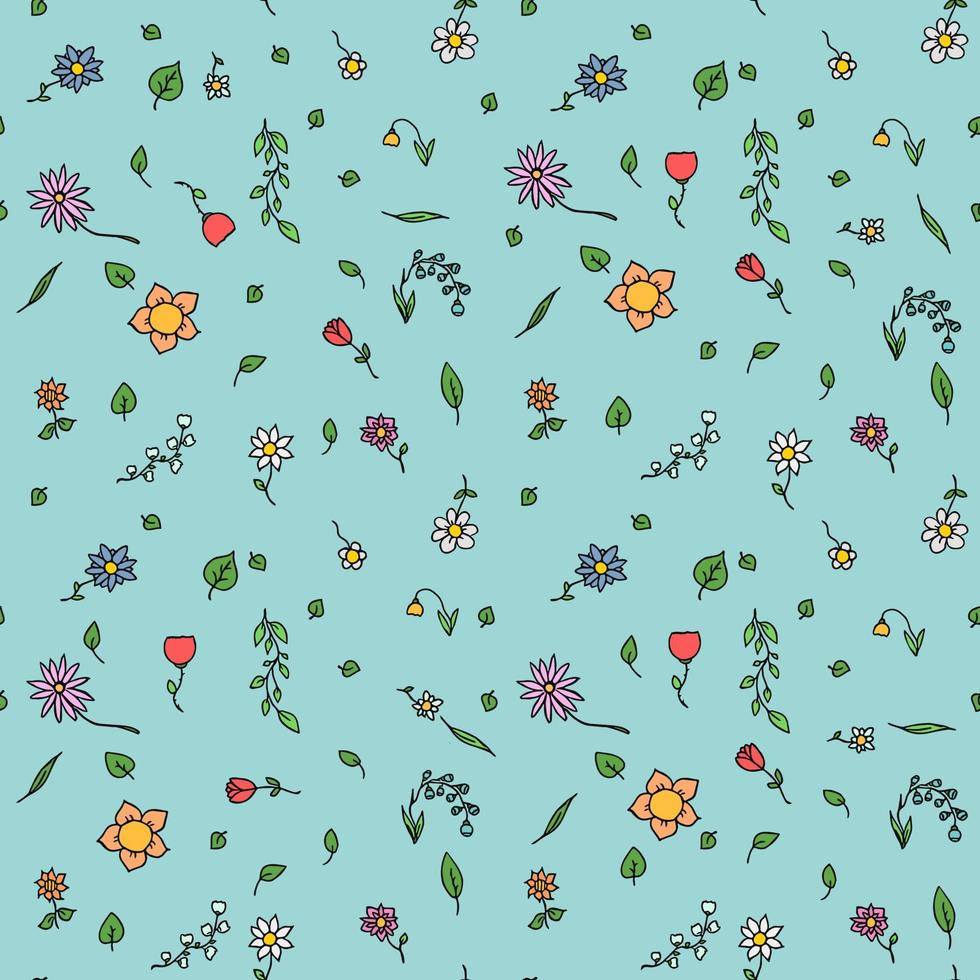 Colored seamless floral vector pattern. Doodle vector with floral pattern on blue background. Vintage floral pattern