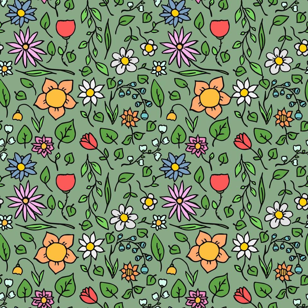 Colorfull seamless floral vector pattern. Doodle vector with floral pattern on green background