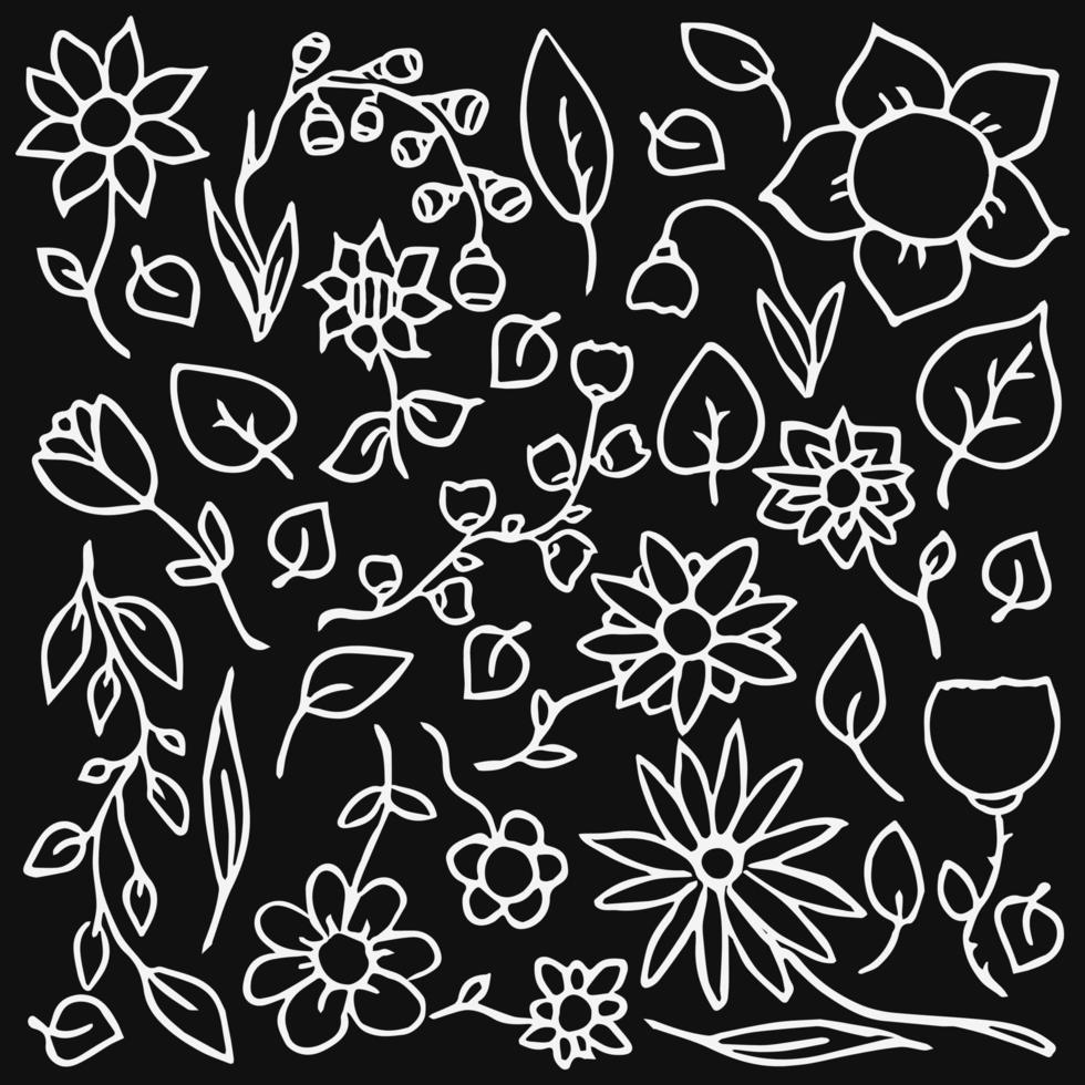 iconos de flores sobre fondo blanco. Doodle ilustración vectorial con flores sobre fondo negro. estampado de flores de la vendimia vector