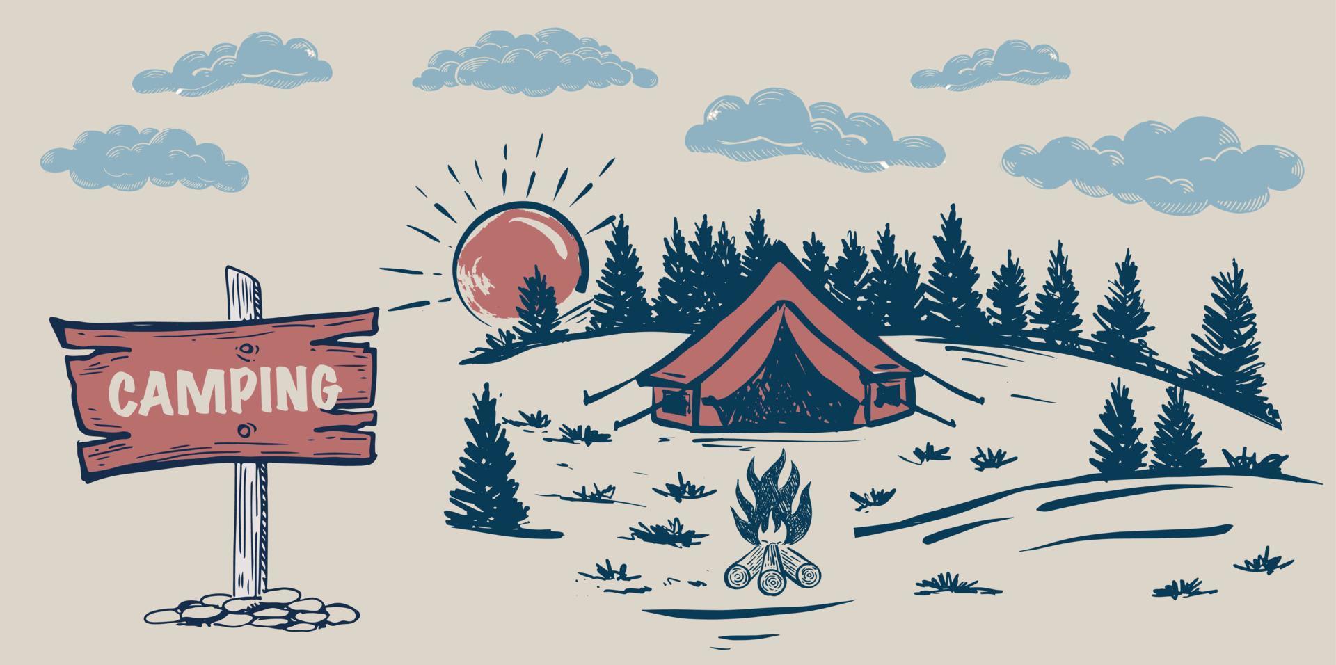 Camping time in nature, Mountain landscape, sketch style, vector illustrations.